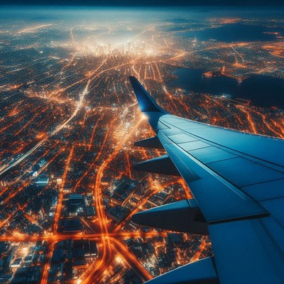 An airplane wing over a city at night