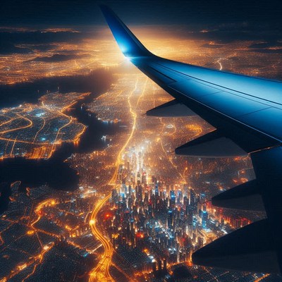 An airplane wing over a city at night