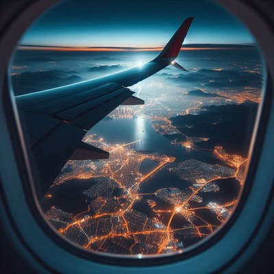 A view of a city at night from an airplane window