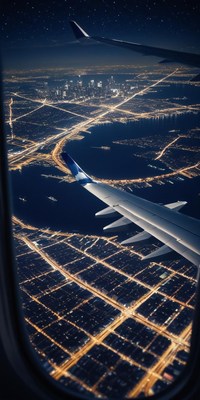 A nighttime view of a city from an airplane window