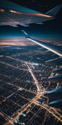 A nighttime view of a city from an airplane