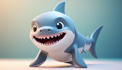 A cartoon shark smiles while walking