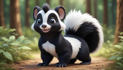 A cute cartoon skunk stands on a path in the forest