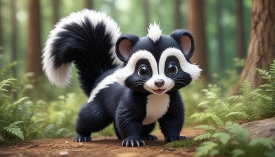 A cute skunk walks through the forest