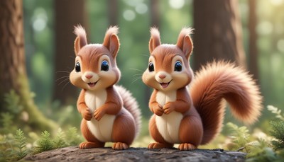 Two adorable squirrels stand on a log in a forest