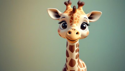 A cartoon giraffe looks at the camera with big, wide eyes