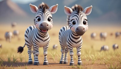 Two cartoon zebras stand in a grassy savanna
