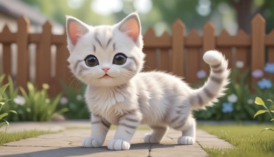 Gray-striped white kitten on a garden stone path