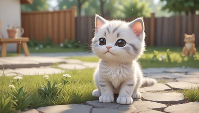A white kitten sits on a stone path in a garden