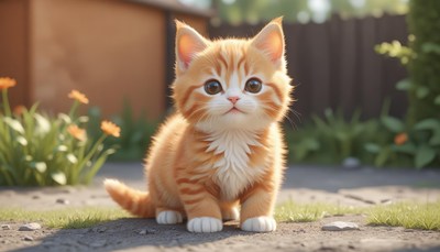 A cute orange kitten sits on a patio