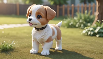 A cute puppy stands in a grassy yard