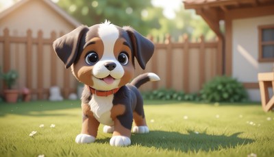 A small puppy stands in a grassy yard