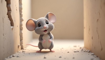 A cute mouse smiles from a hole in the wall