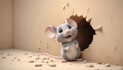 A happy mouse peeks out from a hole in the wall