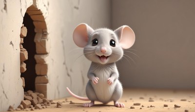 A happy mouse stands in front of a broken wall