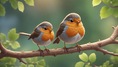Two robins perch on a branch in a forest
