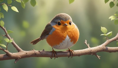 A small robin perches on a branch in the forest