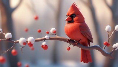 A cardinal perches on a snowy branch in winter