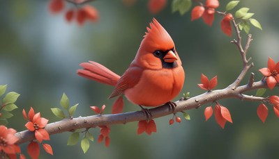 A cardinal perches on a branch with red flowers