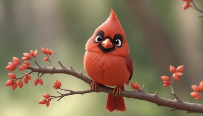 A red cardinal perches on a branch with small red flowers