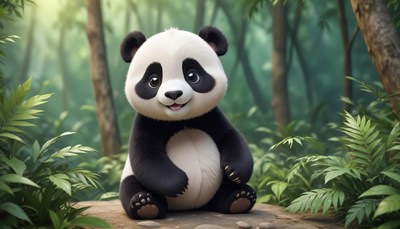 A cute panda sits on a rock in the forest