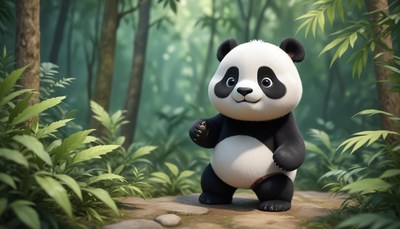 A happy panda walks through a lush green forest