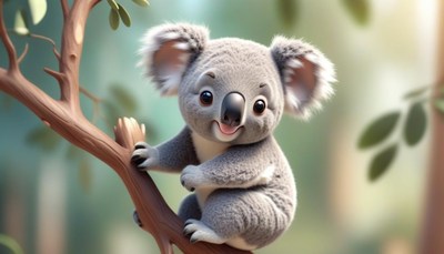 A happy koala sits on a branch in a tree