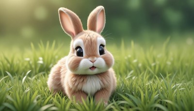 A brown rabbit sits in the grass, looking cute