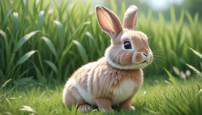 A brown rabbit sits in a field of green grass