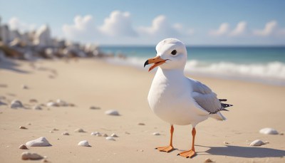 A seagull stands on the beach, looking out at the ocean