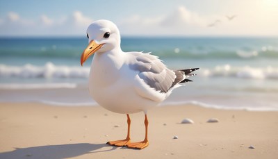 A white seagull stands on a sandy beach