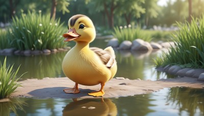A cute duckling stands by the edge of a pond
