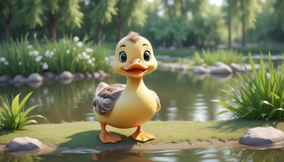 A cute duckling stands by a pond