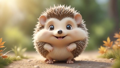 A happy hedgehog stands on a path in the woods