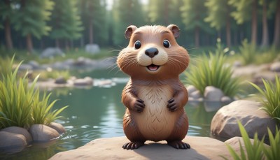 A happy little critter stands on a rock by the river