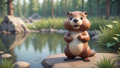 A cute cartoon squirrel stands by a pond in the forest
