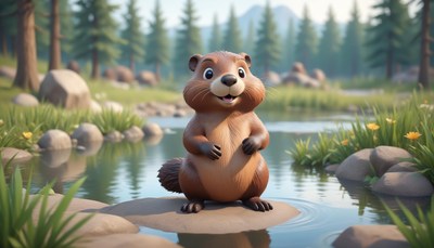 A happy marmot stands on a rock near a river