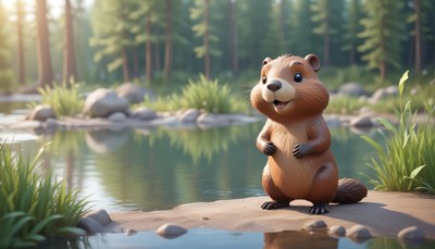 A cute beaver stands on a rock near a pond