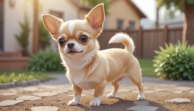 A small chihuahua stands on a stone path in a backyard