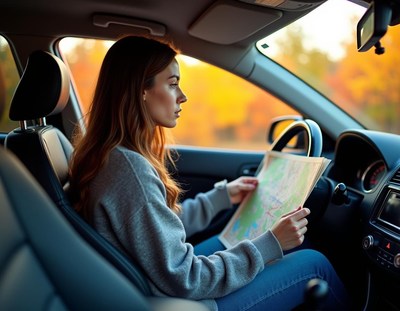 A woman checks a map while driving