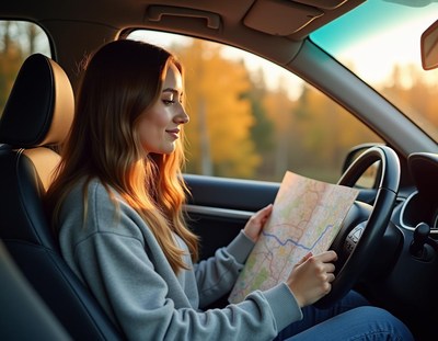 A woman checks a map while driving on a fall road trip