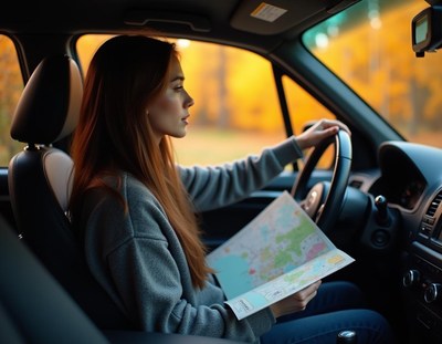 A woman drives a car while looking at a map