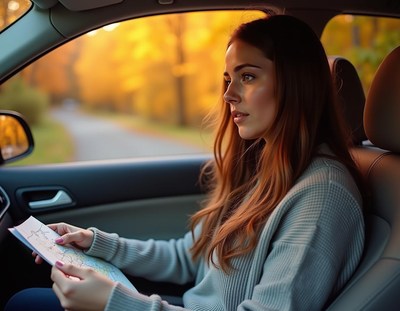 A woman is sitting in the passenger seat of a car