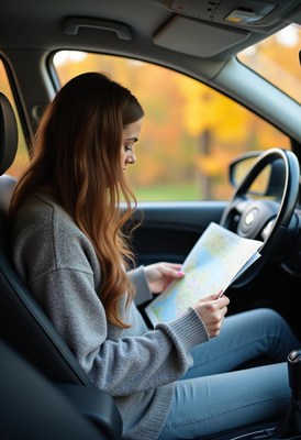 A woman looks at a map while sitting in a car
