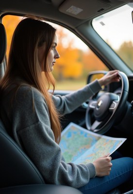 Woman drives through autumn with a paper map