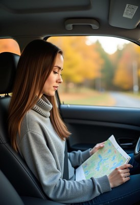 A woman in a car looks at a map