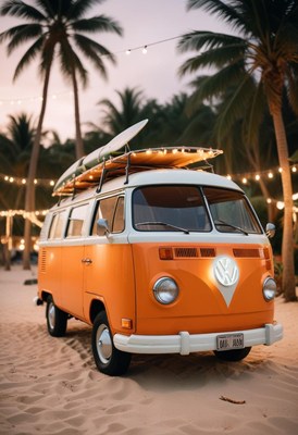 A classic van parked on the beach at dusk
