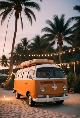 A vintage van parked on a beach at sunset