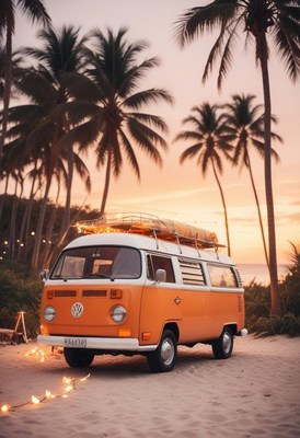 A vintage van parked on a beach at sunset
