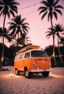 A classic van parked under palm trees on a beach at dusk